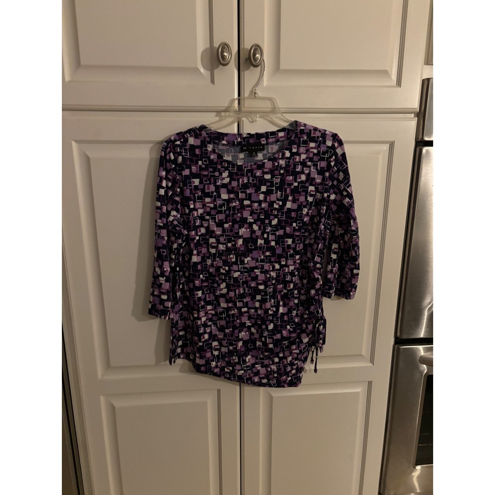 N Touch Purple Geometric Square Print 3/4 Sleeve Side Cinch Top Small 4227